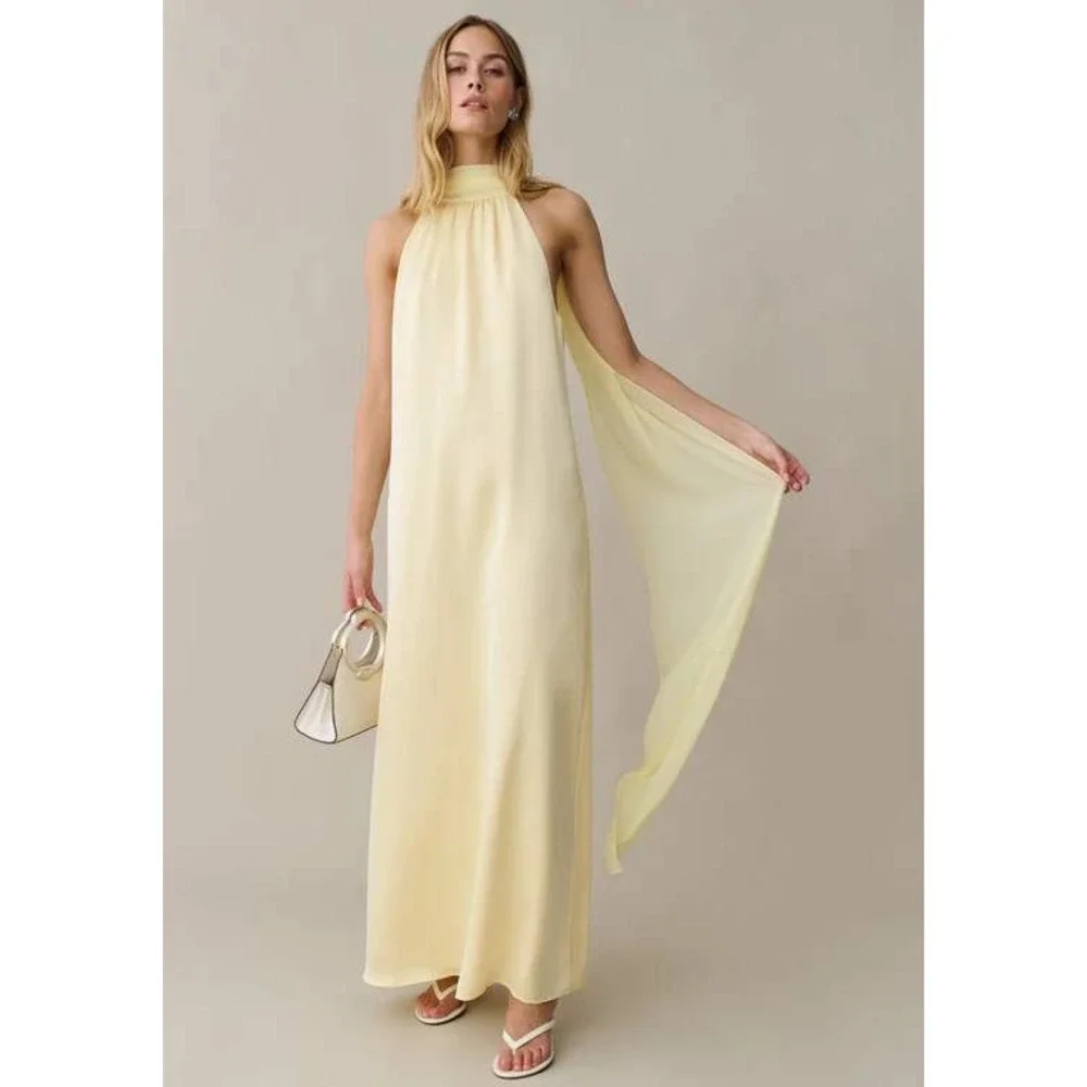 NWT o.p.t Alessia Satin Halter Maxi Dress in Butter Yellow - Size XS - Picture 5 of 13